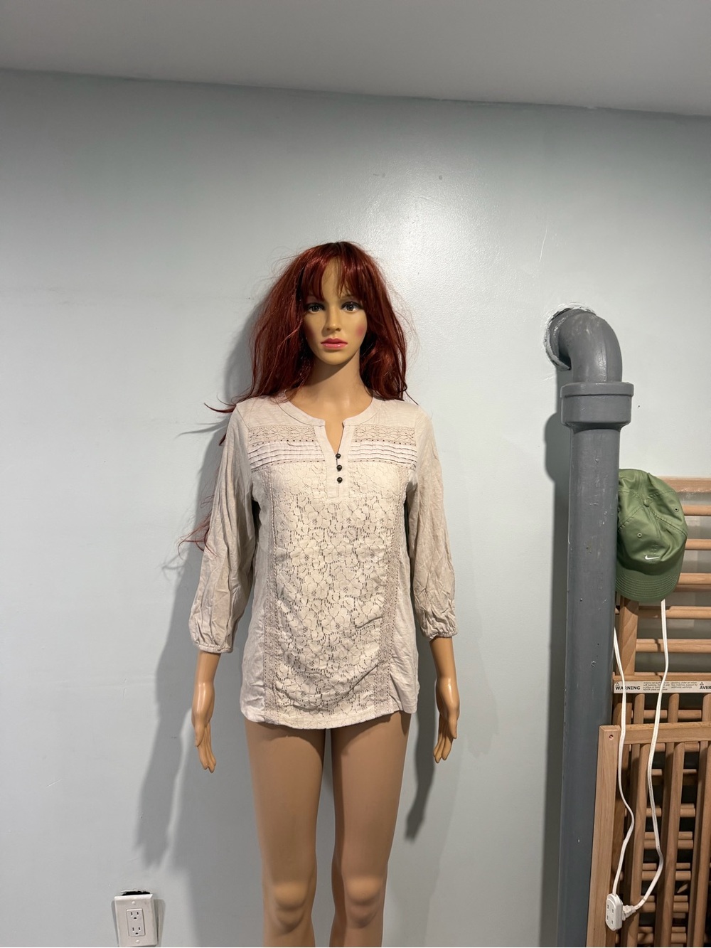 Style & Co. Lace Front Henley Blouse - Beige